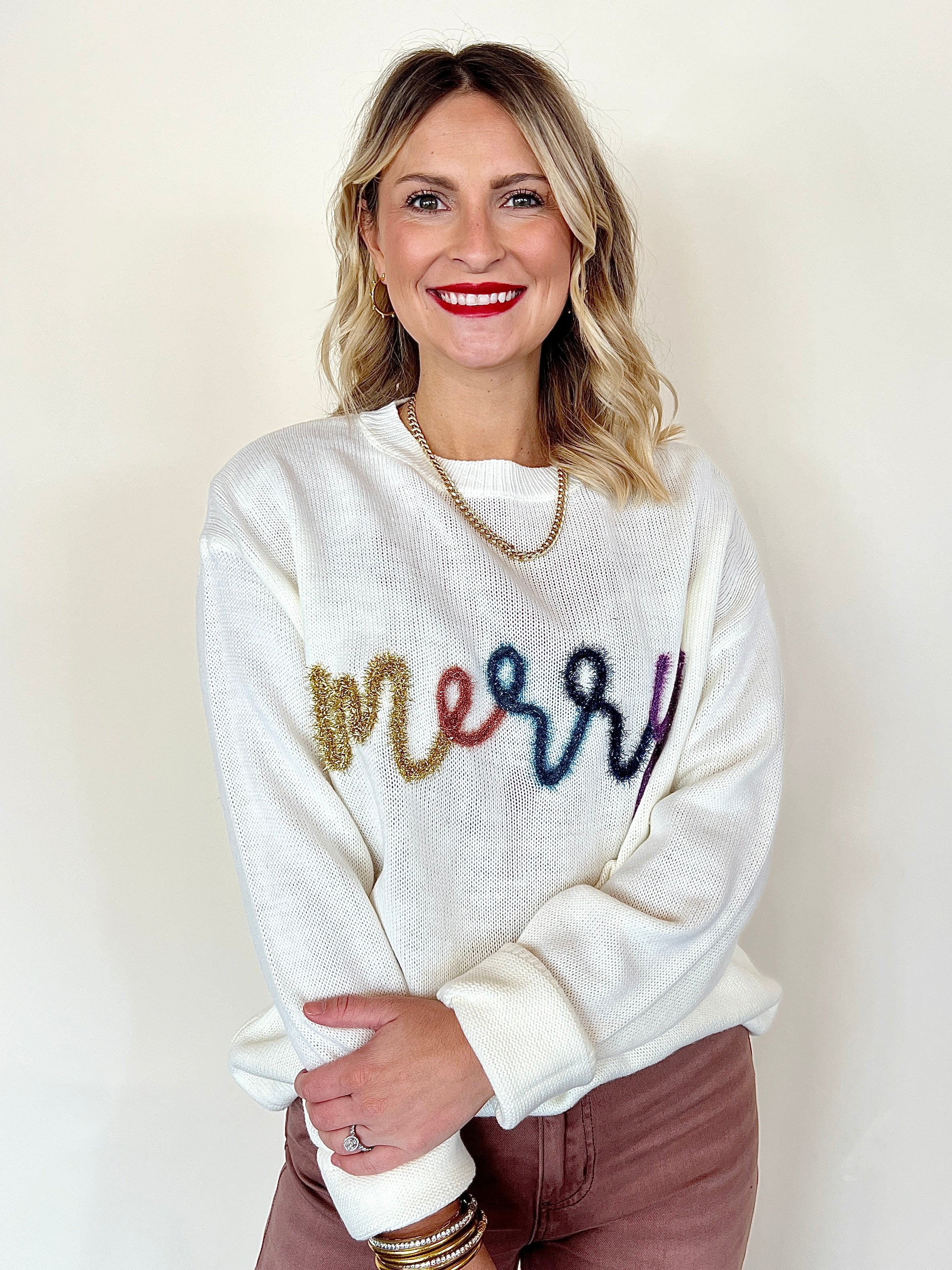 Merry Sweater Tinsel Script Sweater